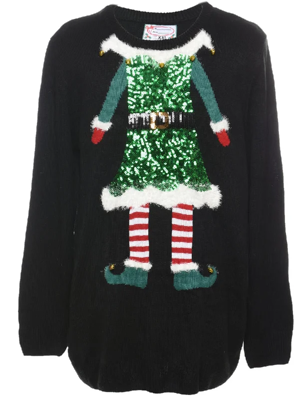 Festive Elf Design Sequin Christmas Jumper - XXL