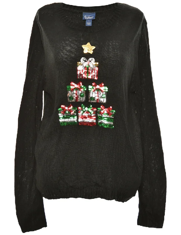 Festive Gifts Black Sequined Christmas Jumper - XL