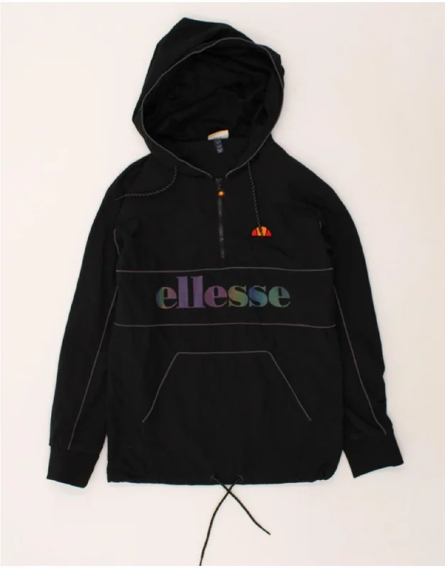 ELLESSE Womens Graphic Hooded Anorak Jacket UK 4 XS Black Cotton