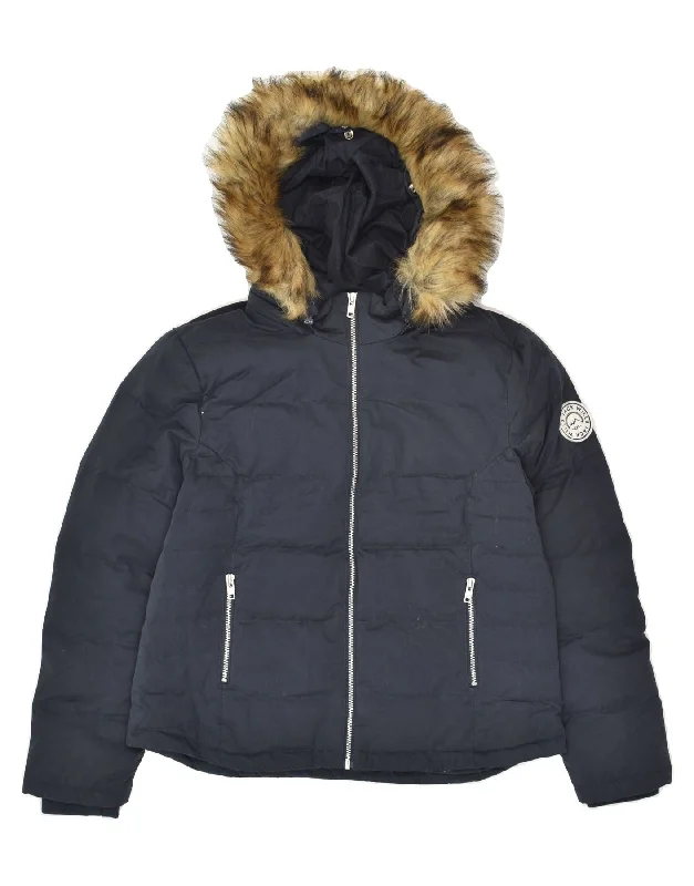 JACK WILLS Womens Hooded Padded Jacket UK 14 Large Navy Blue Polyamide