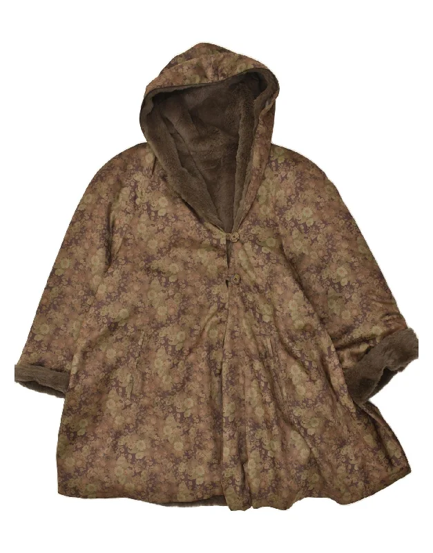 NINO Womens Hooded Overcoat IT 42 Medium Brown Floral Polyester