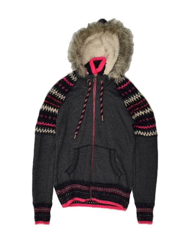 SUPERDRY Womens Hooded Bomber Jacket UK 10 Small Navy Blue Fair Isle