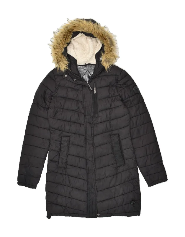 SUPERDRY Womens Hooded Padded Coat UK 10 Small Black Polyester