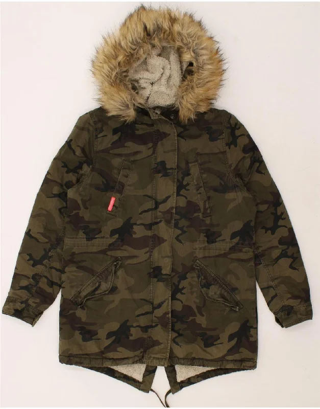 SUPERDRY Womens Hooded Parka Jacket UK 12 Medium  Khaki Camouflage Cotton