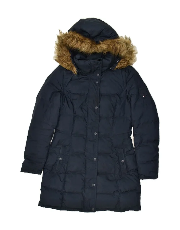 TOMMY HILFIGER Womens Hooded Padded Coat UK 10 Small Navy Blue Polyester