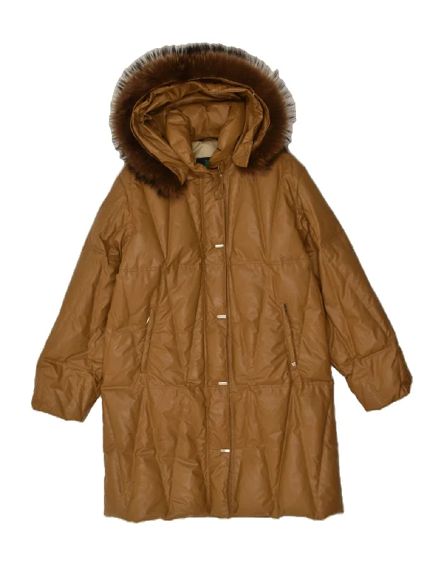 VINTAGE Womens Hooded Padded Coat IT 48 XL Brown Polyurethane