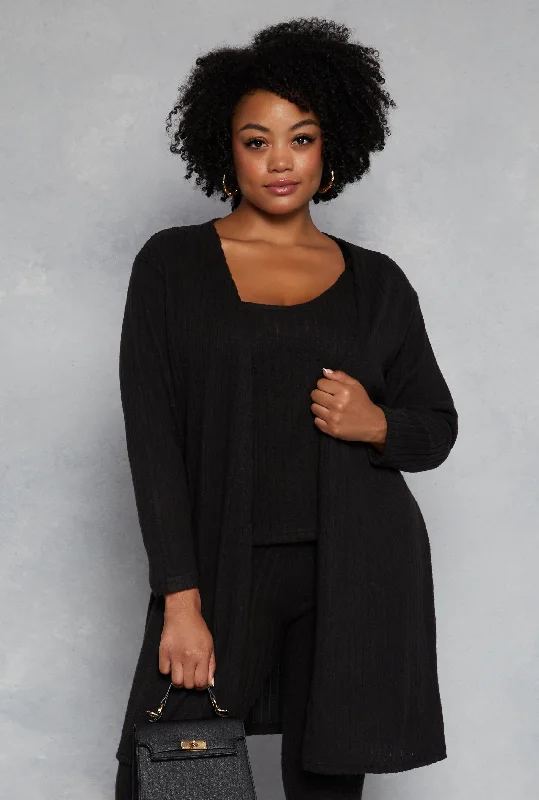 Plus Size Brushed Ribbed Knit Long Cardigan