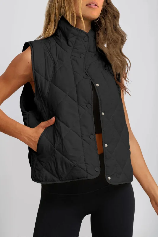 Black Quilted High Neck Button Up Pocket Vest Coat