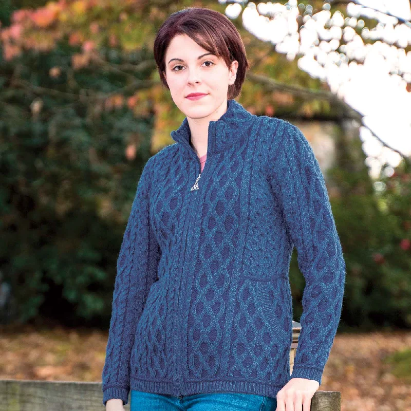 Yeats Plated Zip Up Irish Aran Cardigan, Marl Blue, 100% Merino Wool