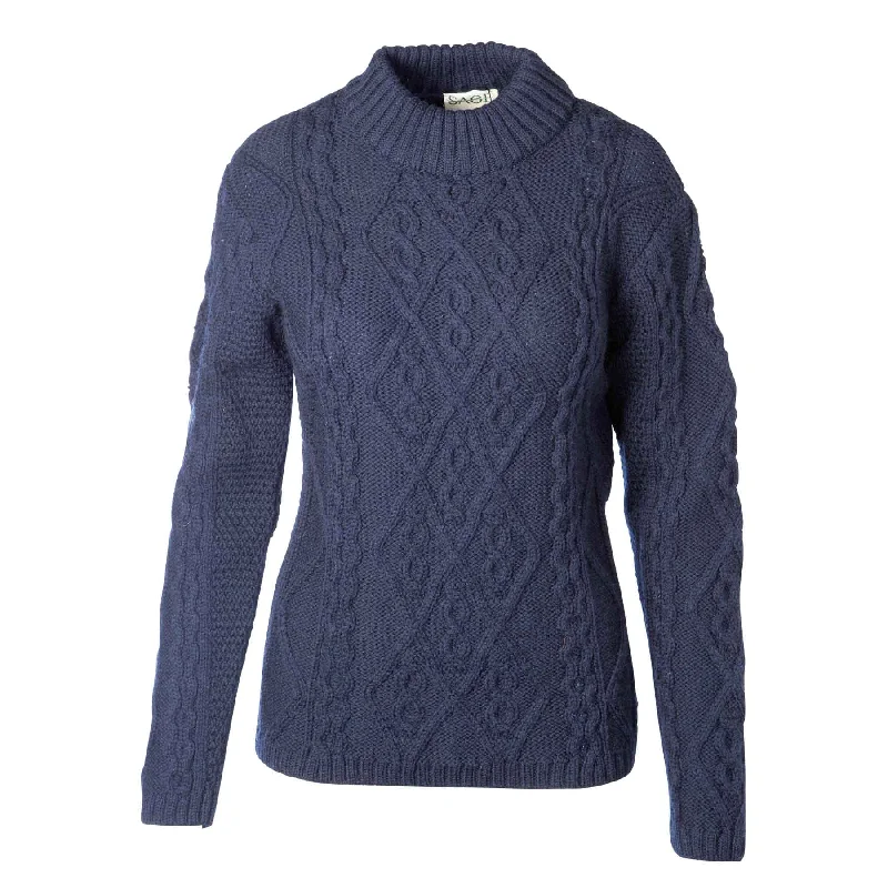 Faux Turtleneck Aran Knit Sweater- Navy