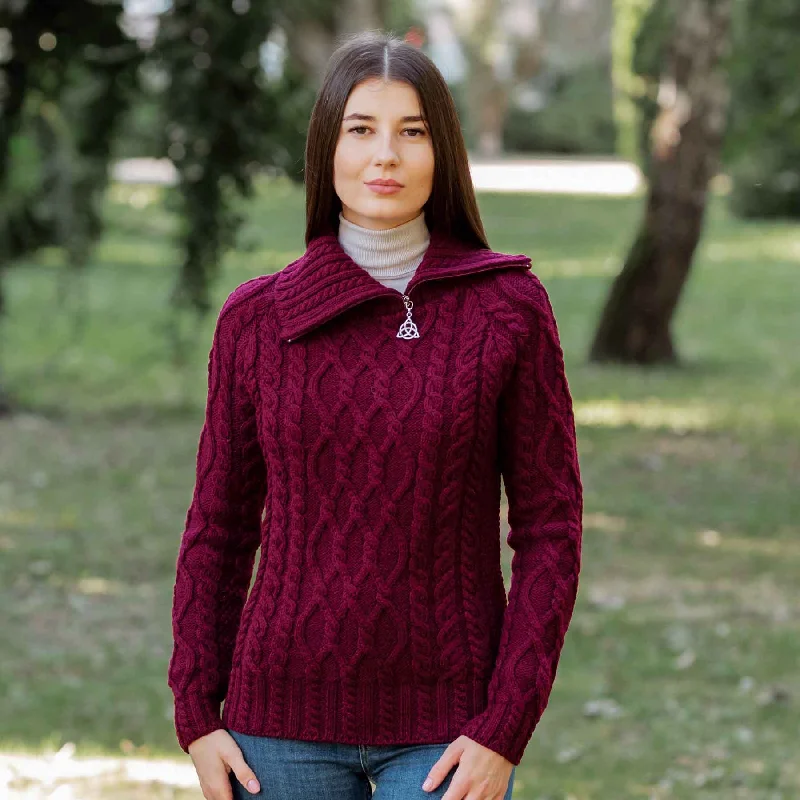 Women's Zipper Neck Aran Knit Sweater, Wine