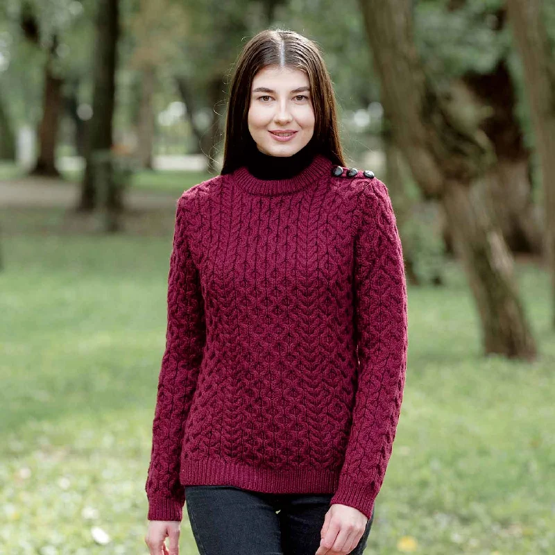 Women's Aran Knit Side Button Sweater, Wine