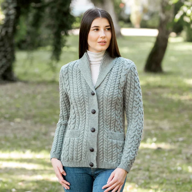 Women's Aran Knit Shawl Neck Cardigan, Skylight