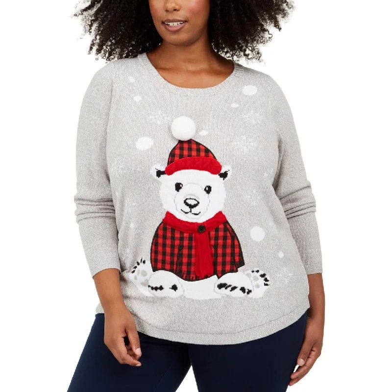 Charter Club Womens Plus Buffalo Bear Plaid Festive Christmas Sweater