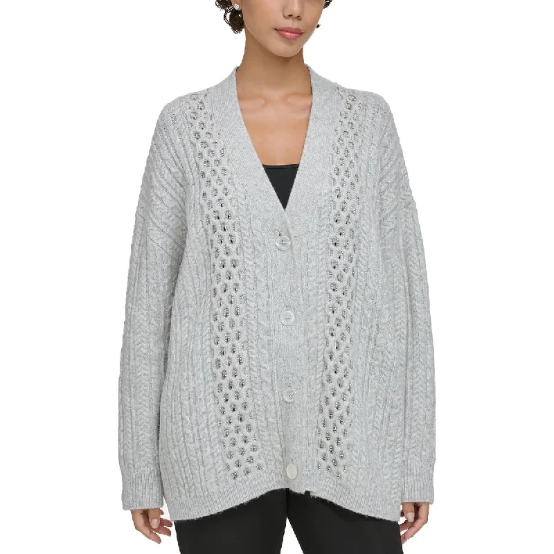 Donna Karan Womens   Cable Knit Embellished Cardigan Sweater