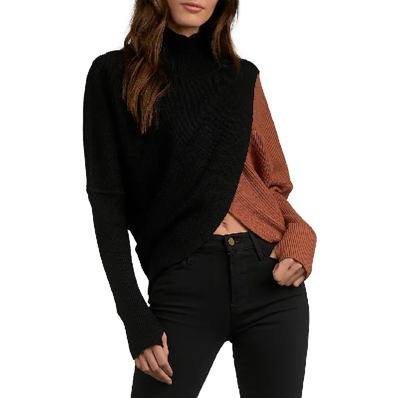 Elan Womens Ribbed Knit Colorblock Mock Turtleneck Sweater