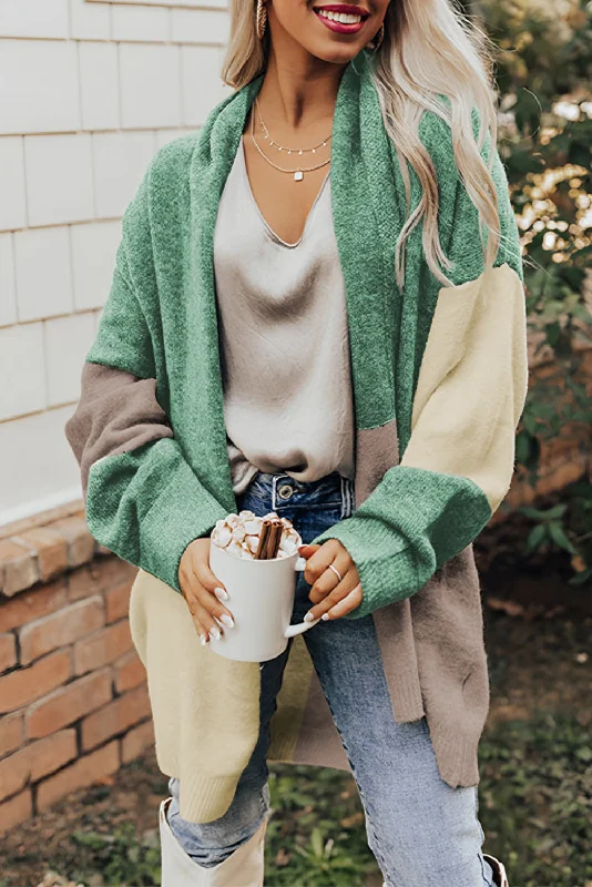 Green Colorblock Draped Open Front Cardigan