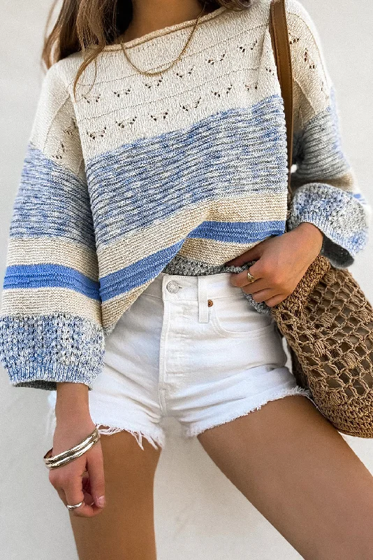 Light Blue Hollow Out Puff Sleeve Sweater