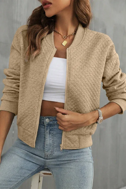 Pale Khaki Solid Baseball Collar Jacket