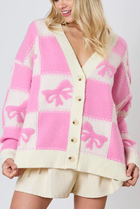 Pink Bowknot and Checkered Drop Shoulder Cardigan