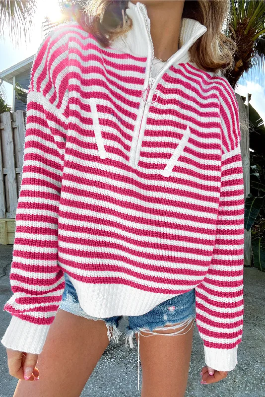 Pink Stripe Zip Up Collar Drop Sleeve Sweater