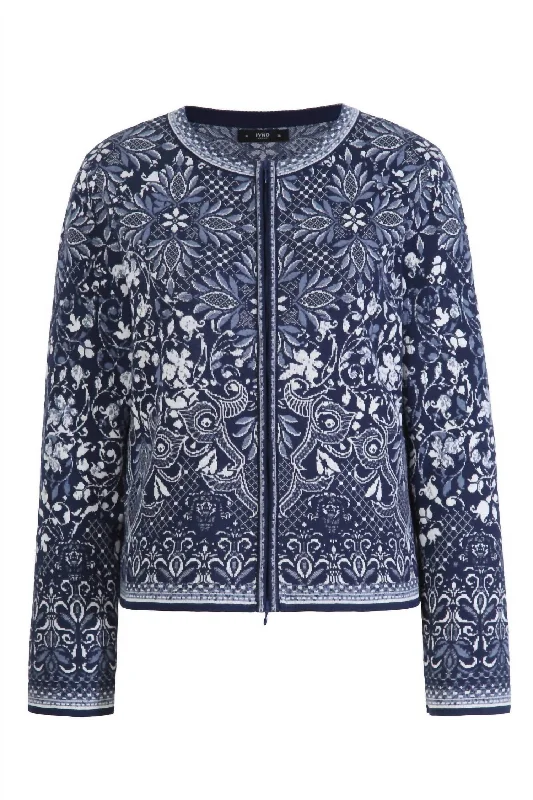 Women's Alhambra Pattern Zip Cardigan In Marine