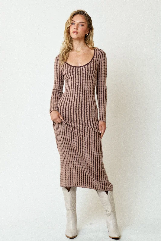 Brown Cable Knit Fitted Midi Dress