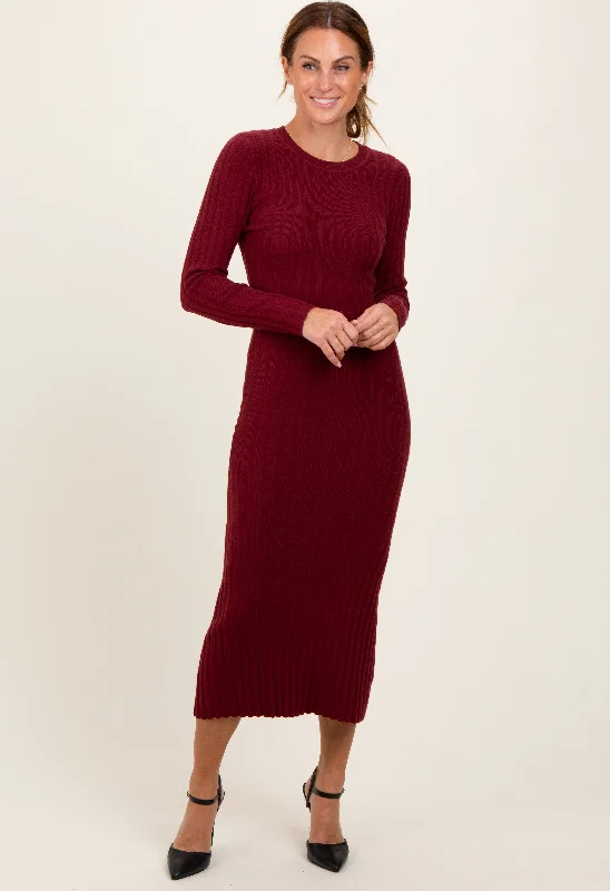 Burgundy Ribbed Knit Fitted Midi Sweater Dress