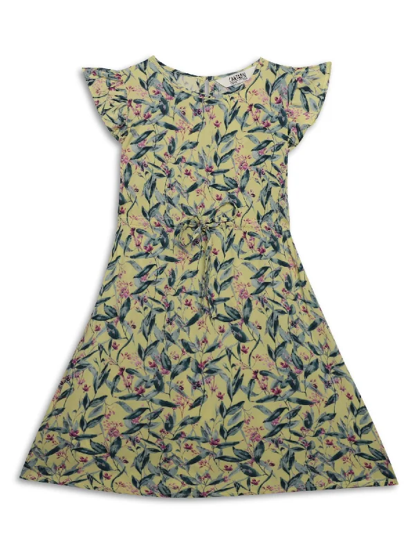 Girls Rayon Floral Print Round Neck Cap Sleeves Fit and Flare Yellow Casual Dress