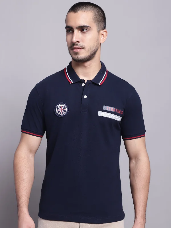 Men Navy Blue Polo Neck T-Shirt