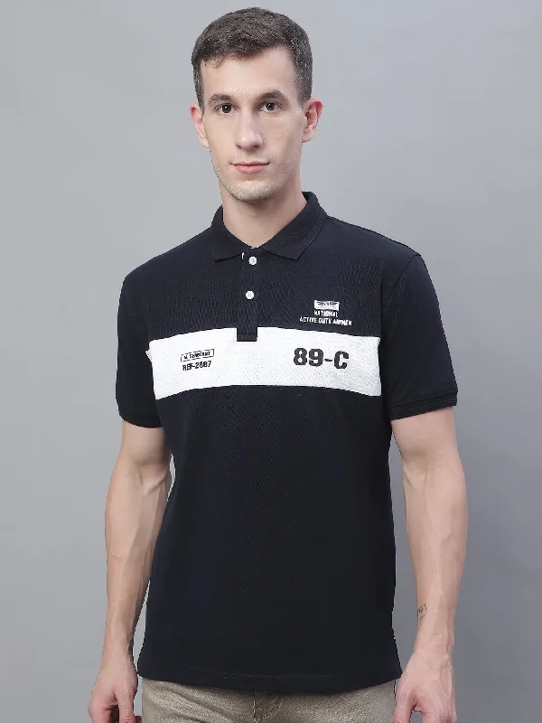 Men Navy Blue Polo Neck T-Shirt