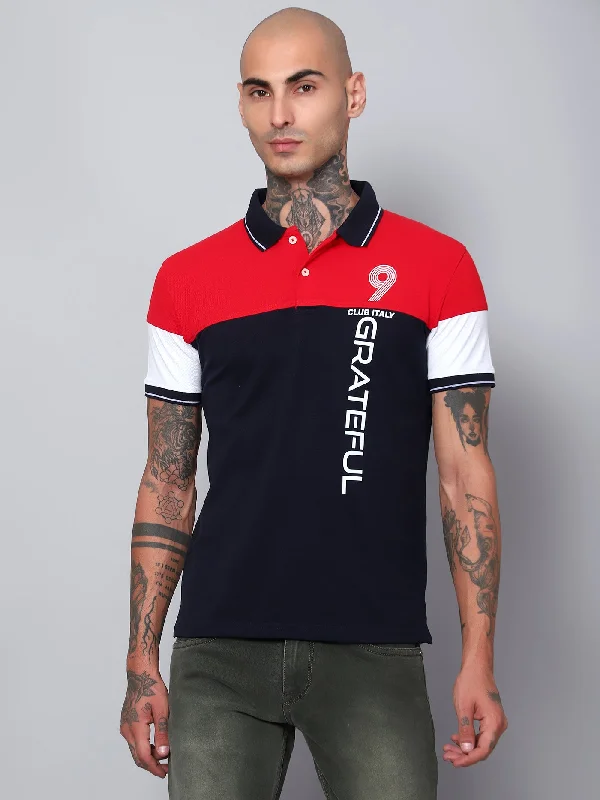 Men Red Typographic Printed Half Sleeves Polo Neck Casual T-Shirt