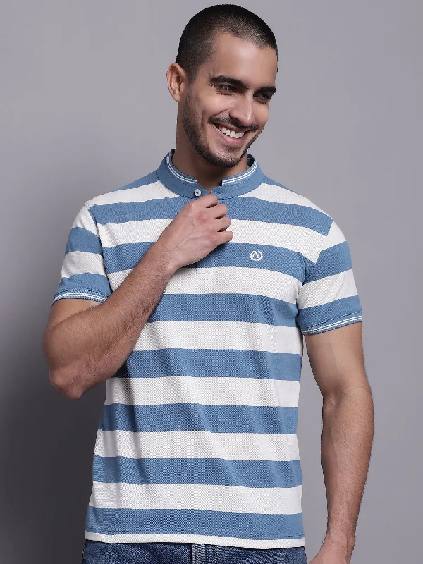 Men Teal Blue Polo Neck T-Shirt