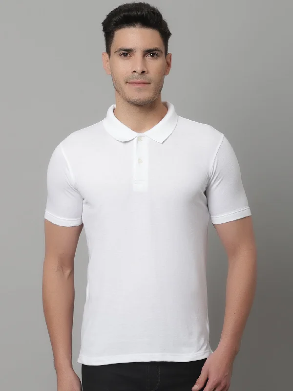 Men White Casual Half Sleeves Polo Neck T-Shirt