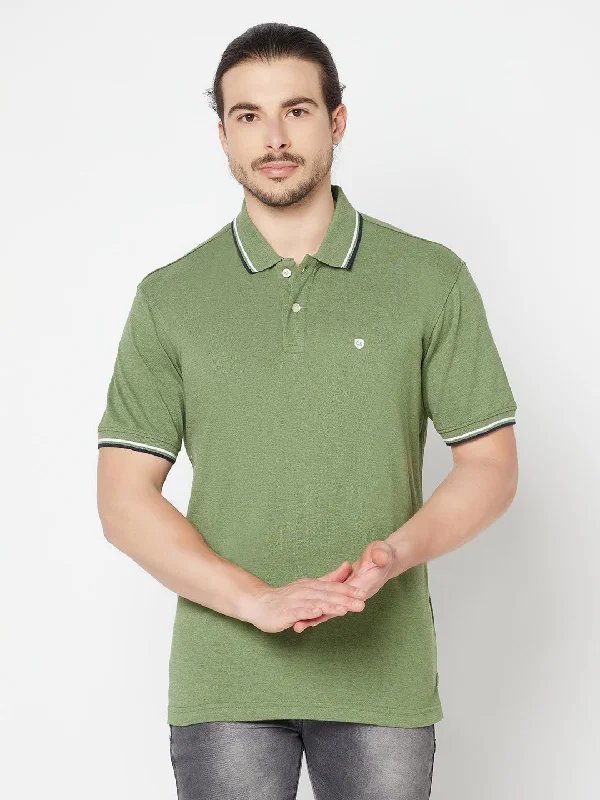 Men's Green Melange Polo neck Half Sleeve T-Shirt