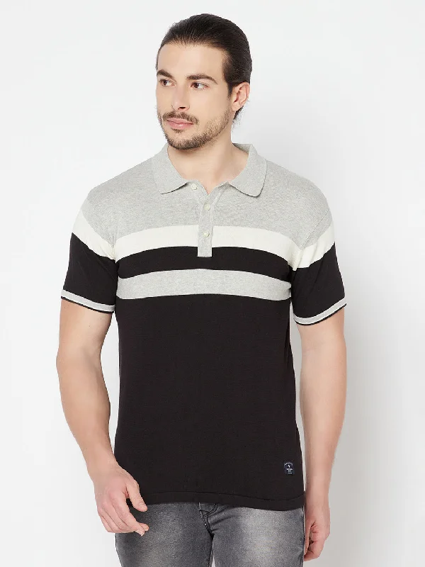 Men's Grey Melange Placement Stripe Polo neck Half Sleeve Flatknit T-Shirt