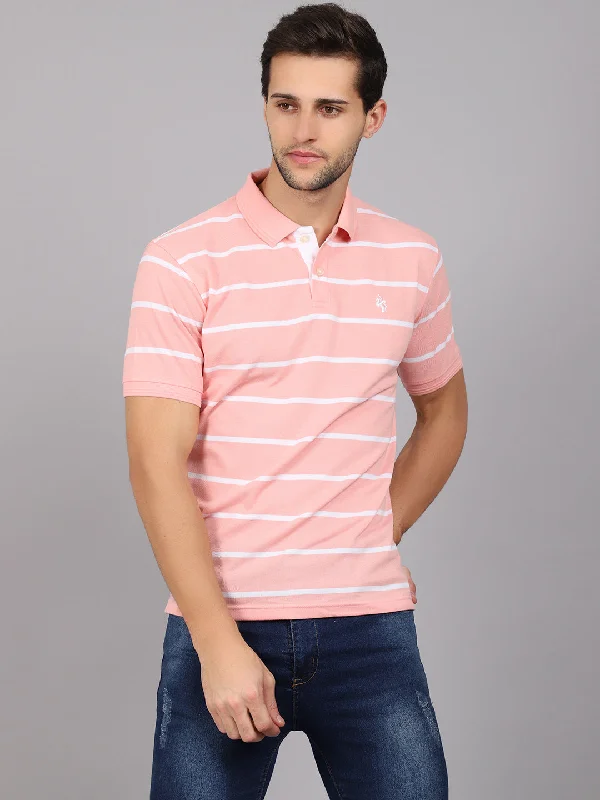 Men's Light Pink Stripe Polo neck Half Sleeve T-Shirt