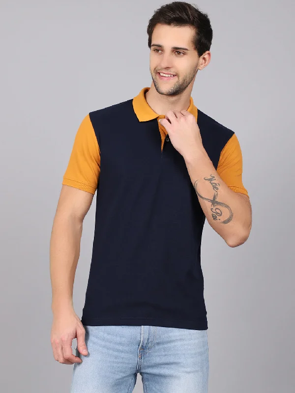 Men's Navy Blue Polo neck Half Sleeve T-Shirt with contrast sleeves