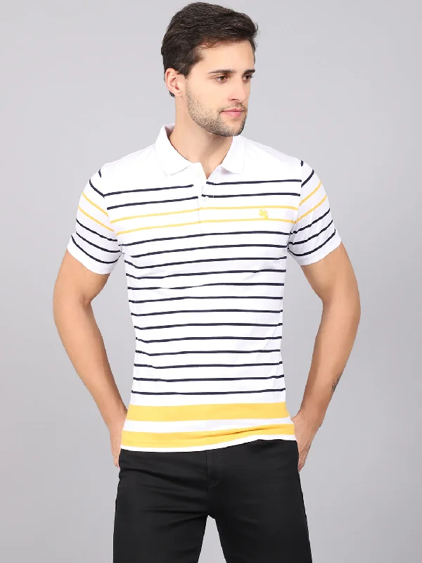 Men's White Stripe Polo neck Half Sleeve T-Shirt