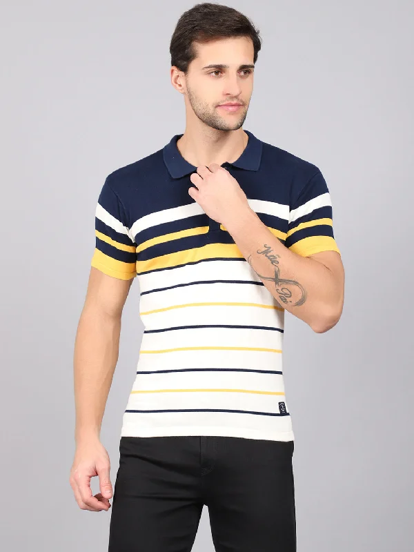 Men's Yellow Placement Stripe Polo neck Half Sleeve Flatknit T-Shirt