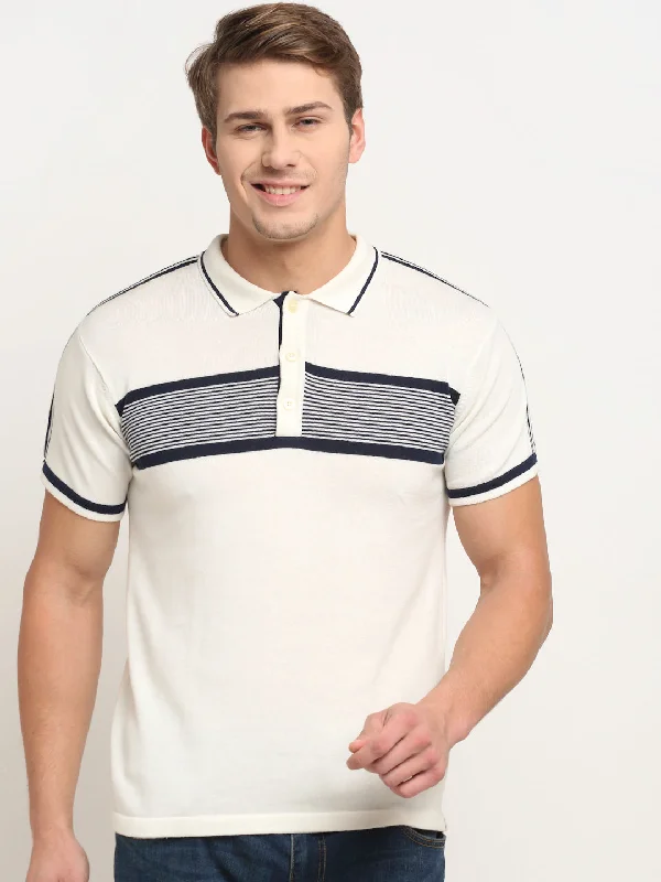 Men's Offwhite Placement Stripe Polo neck Half Sleeve Flatknit T-Shirt