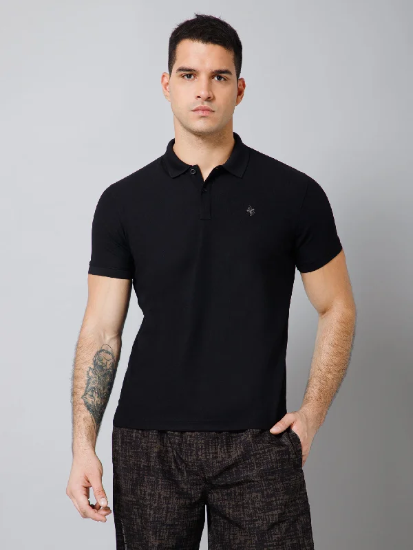 Regular Fit Solid Polo Neck Half Sleeve Black Active Wear T-Shirt for Men