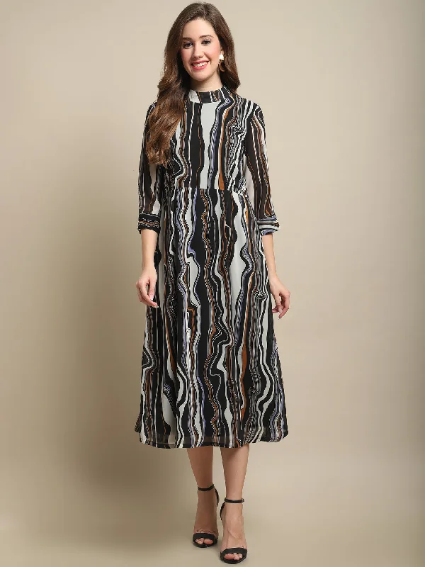 Women's Casual High neck Black Abstract Print Fit & Flared Dress