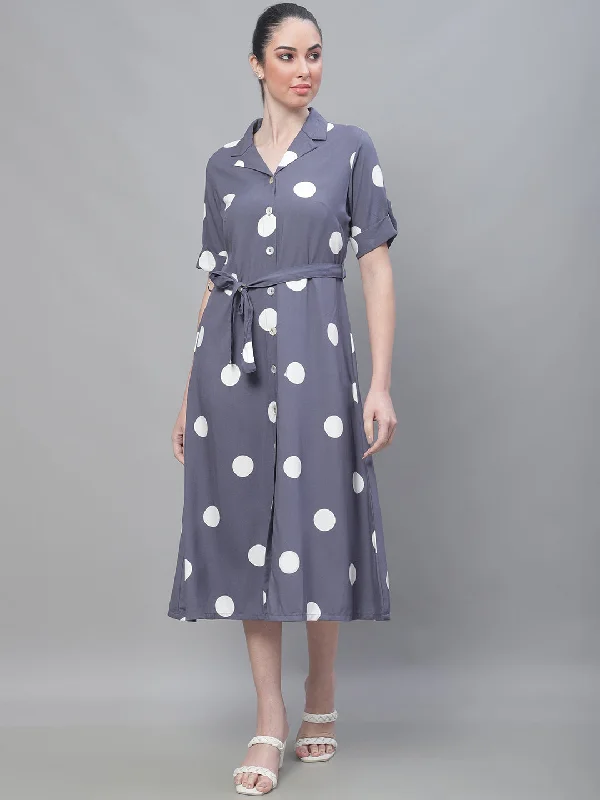 Women's Casual Shirt collar Grey Polka dot Print A line Dress