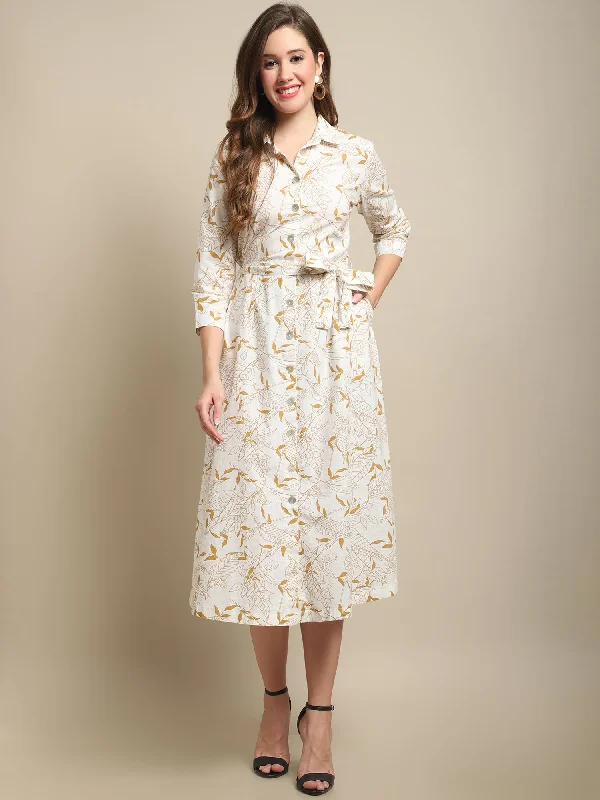 Women's Casual Shirt collar Ivory Floral Print Shirt Dress