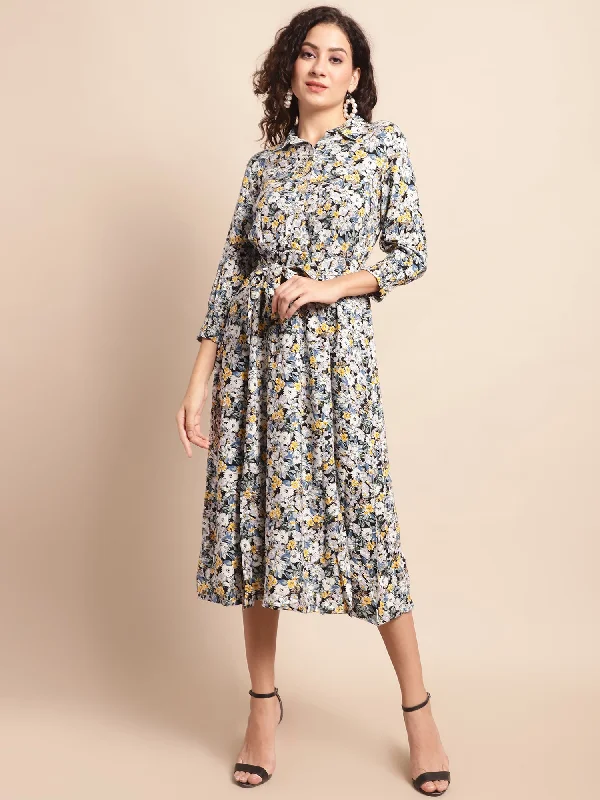 Women's Casual Shirt collar Multi Color Floral Print Fit & Flared Dress