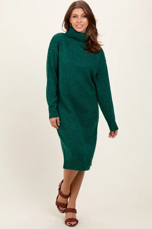 Forest Green Turtleneck Side Slit Midi Sweater Dress