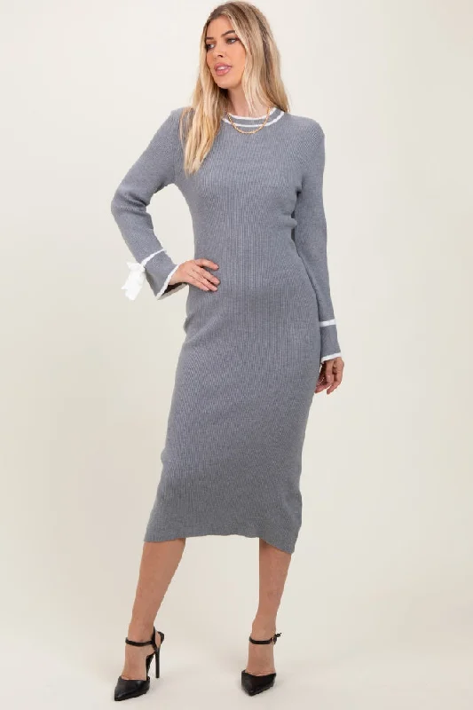 Grey Knit Bow Detail Sleeve Midi Sweater Dress