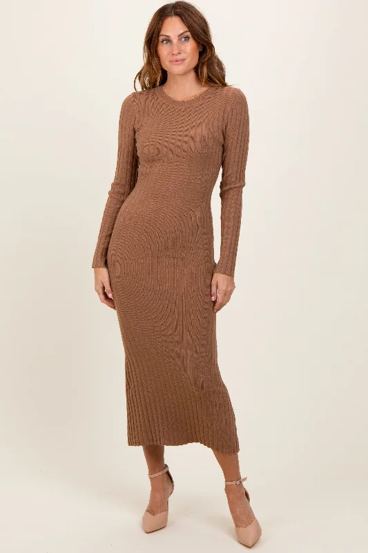 Mocha Ribbed Knit Fitted Midi Sweater Dress