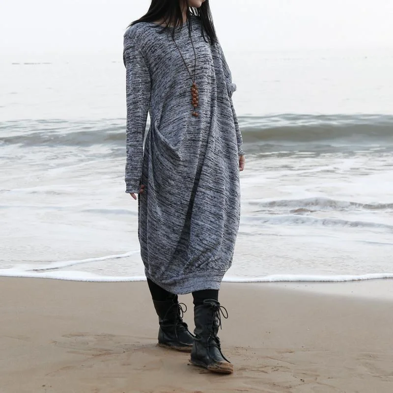 New Fall Gray Sweater Dresses Oversize Asymmetric Knitted Dress